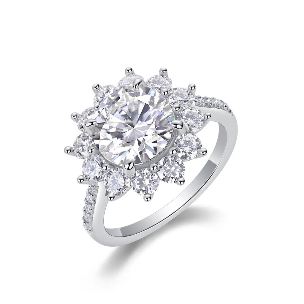 Sunflower wedding ring set with 3-carat moissanite centre stone in platinum-plated S925 silver band, gift box and GRA certificate