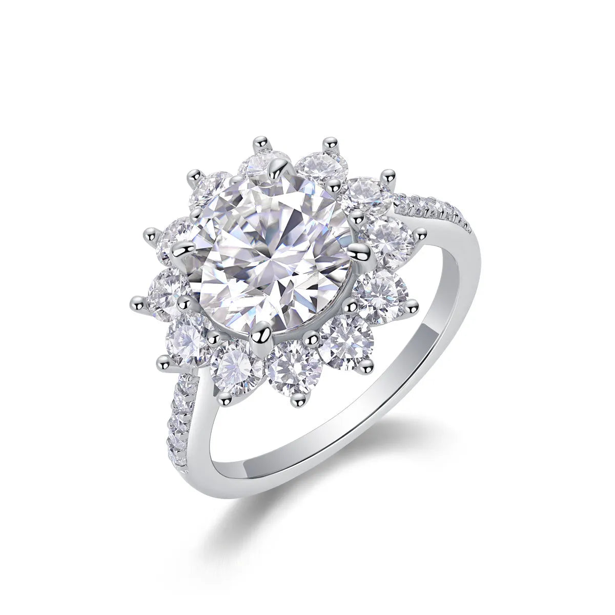 Sunflower wedding ring set with 3-carat moissanite centre stone in platinum-plated S925 silver band, gift box and GRA certificate