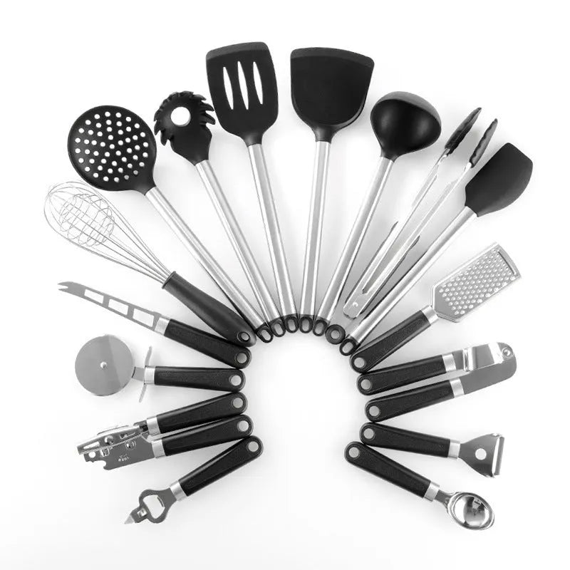 Black silicone kitchen spatula spoon set with stainless steel handles, 16-piece cooking utensil collection