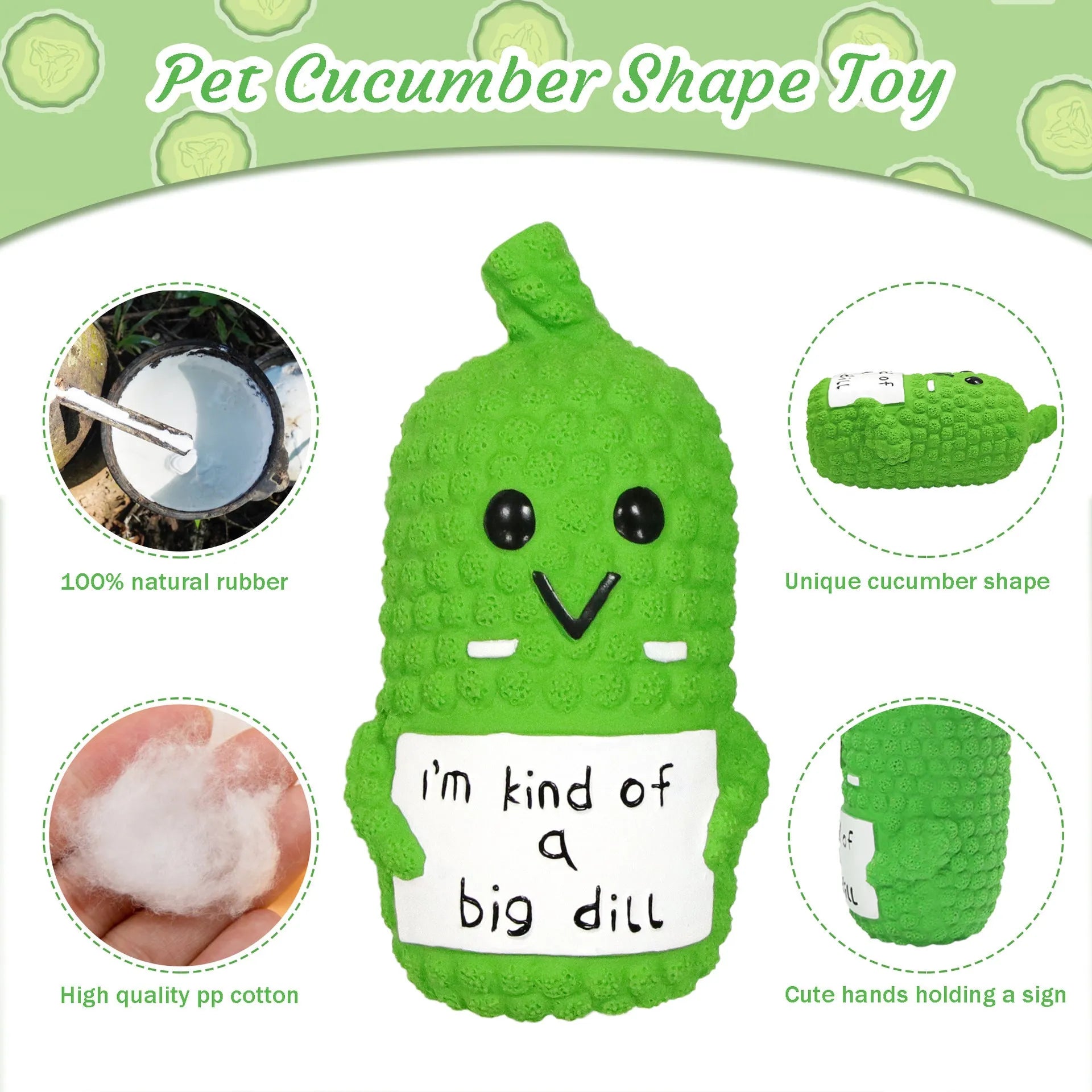 Green pickle-shaped squeaky dog toy with nubbed texture on a white background.
