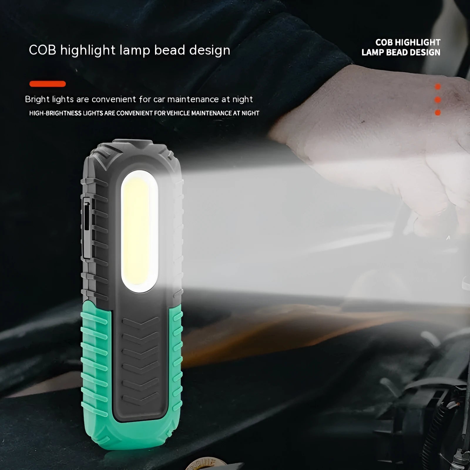 Black and green USB rechargeable auto repair work light with drop-resistant ABS plastic construction