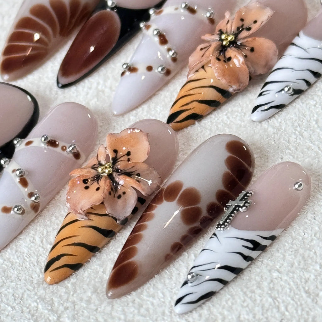 French style leopard print nail stickers with cross and flower patterns in XS S M L sizes