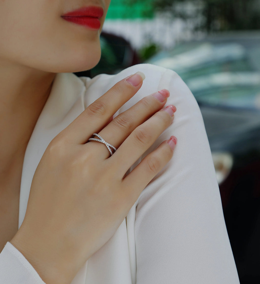 Love Interwoven moissanite wedding ring set in gold S925 silver with platinum plating on white background
