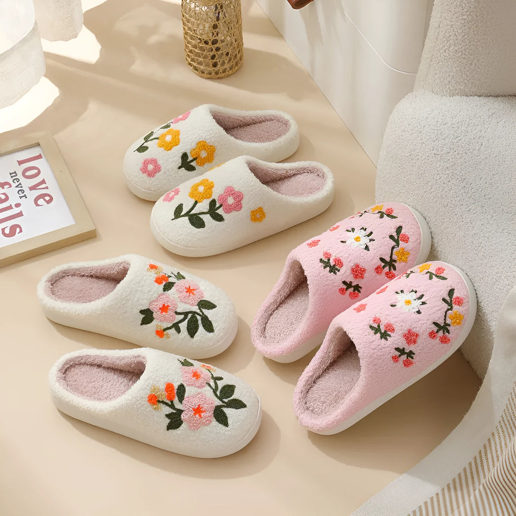 Women's warm cotton slippers with embroidered flower design in plum blossom colour