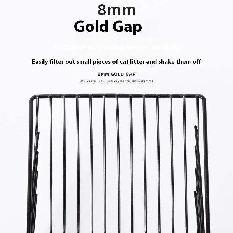 Black metal cat litter scoop with 0.8cm gap spacing between tines
