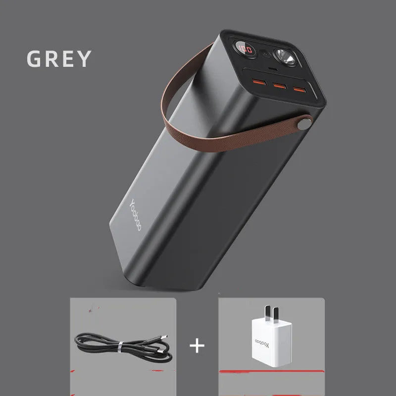 Black portable power bank with 220V AC output and solar charging panel, dimensions 70x70x162mm.