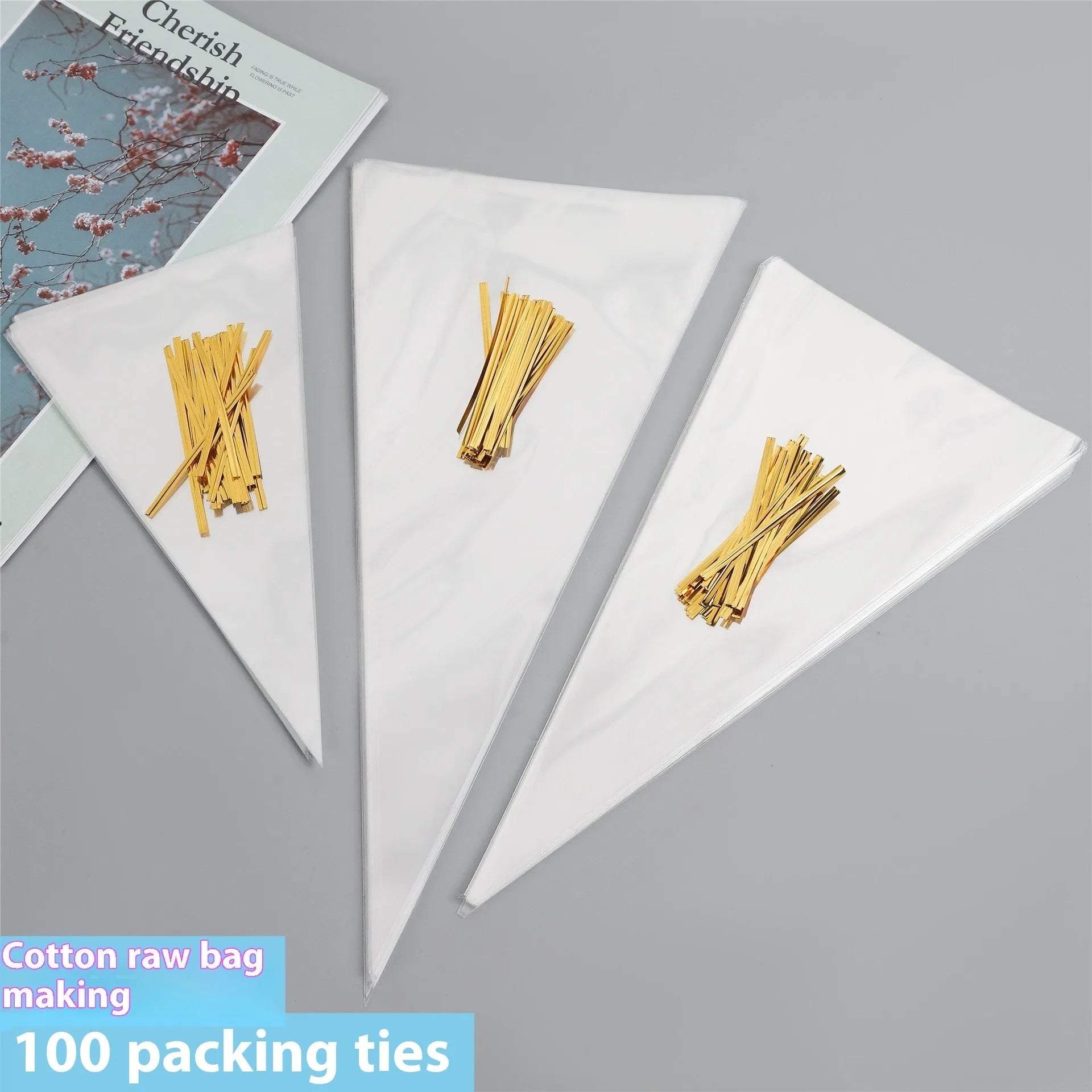 Clear triangular plastic packaging bag with a white tie wire closure, shown in three different sizes.