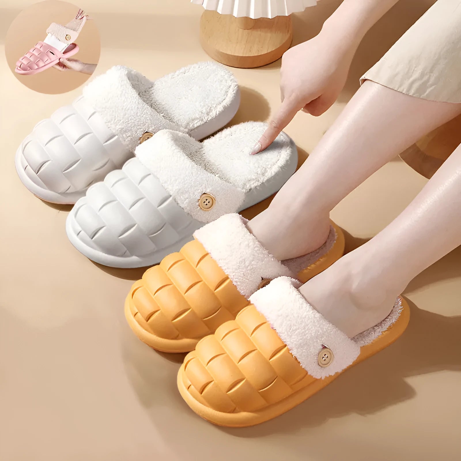 Plaid patterned EVA detachable slippers with plush lining, shown in pink, on a plain background.