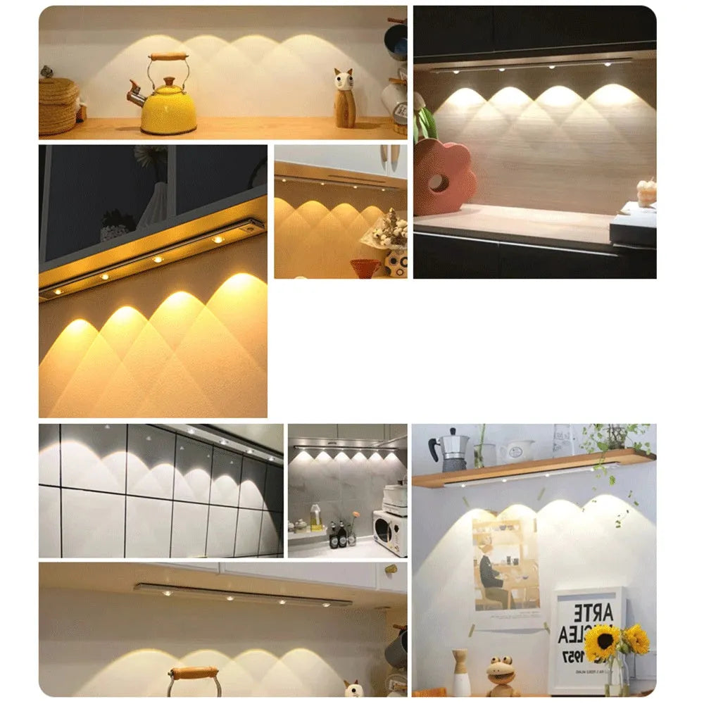 Silver ultra-thin LED light strip with motion sensor mounted inside a wooden wardrobe.