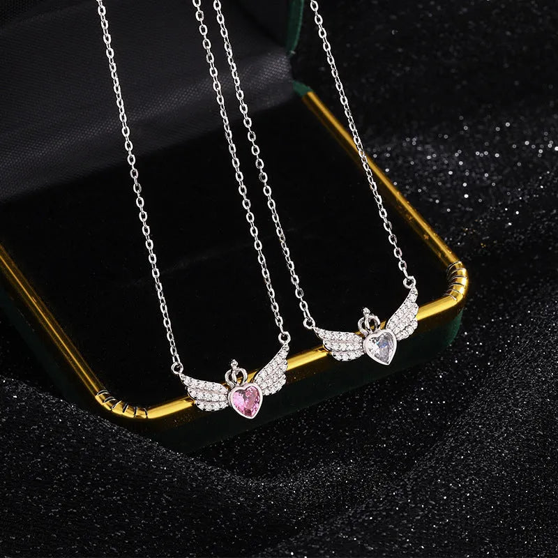 Pure silver crown heart angel wings pendant necklace with white stone and O-shaped chain