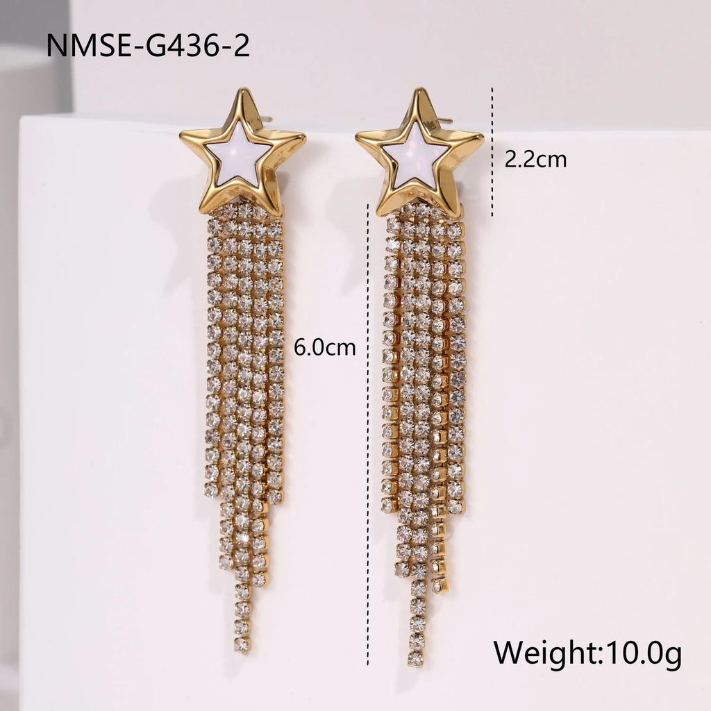 Women's stainless steel heart earrings with diamond tassel and 18K gold electroplated finish
