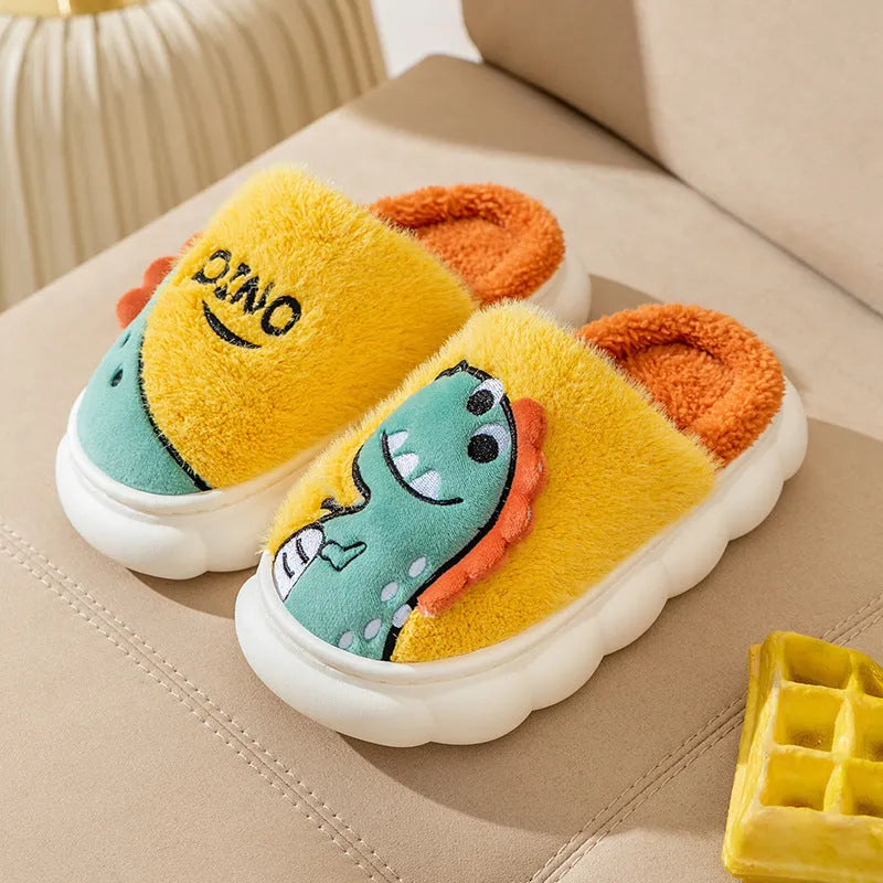 Cotton plush couple slippers with dinosaur print in grey, coffee, or orange, showing thickened pile fabric