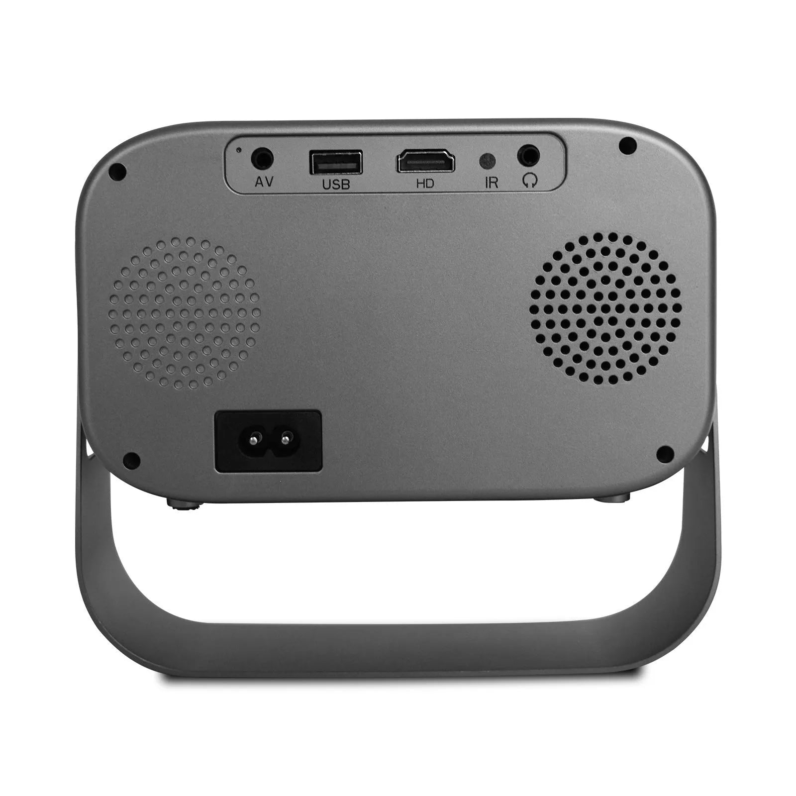 Black portable HD smart projector with remote control on table
