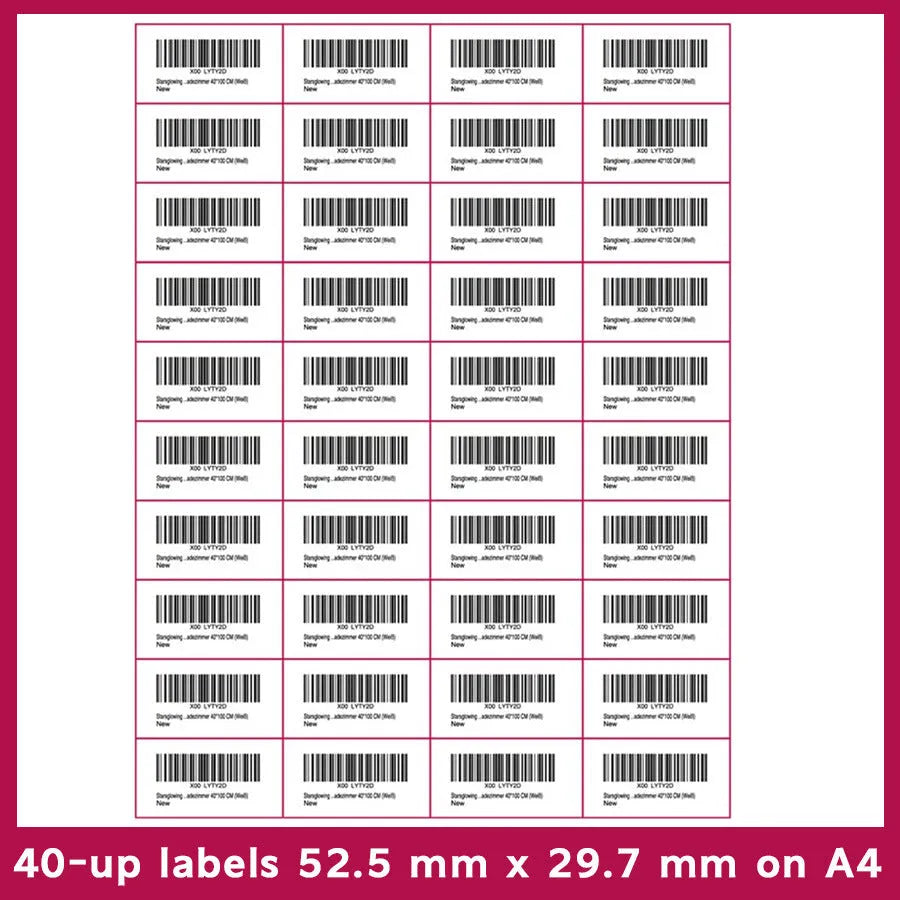 A4 paper FBA barcode labels showing multiple grid options for Amazon shipping and inventory labelling