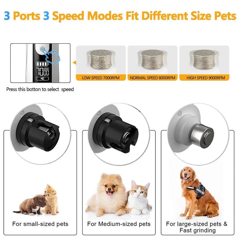 3-speed electric dog nail trimmer with LED display and dust collection system