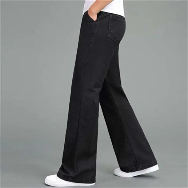Men's loose wide-leg flared jeans in solid colour, polyester fibre construction, available in multiple waist sizes