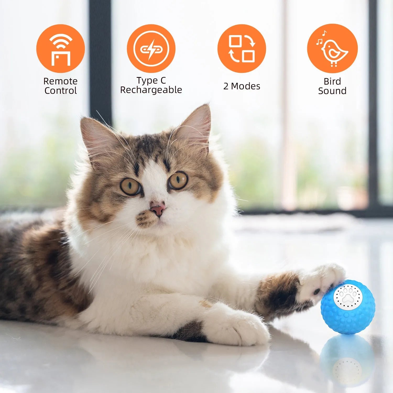 Smart remote control cat toy with rolling ball in blue, green and yellow colour options