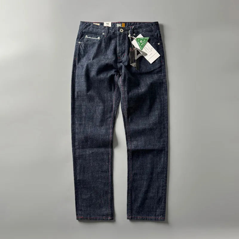 Men's primary colour straight leg jeans in American retro style on a hanger