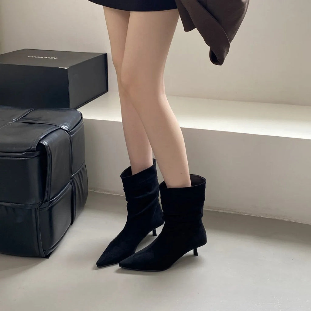 Women's pointed toe low heel stiletto mid-calf boots in khaki with slip-on style and fringe detail
