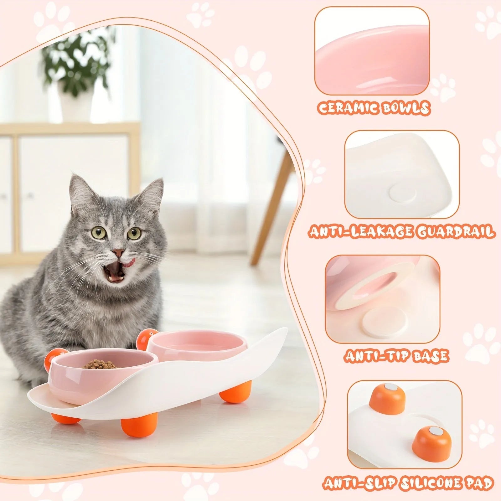 Pink and yellow elevated ceramic pet bowl set for food and water on a non-slip base.