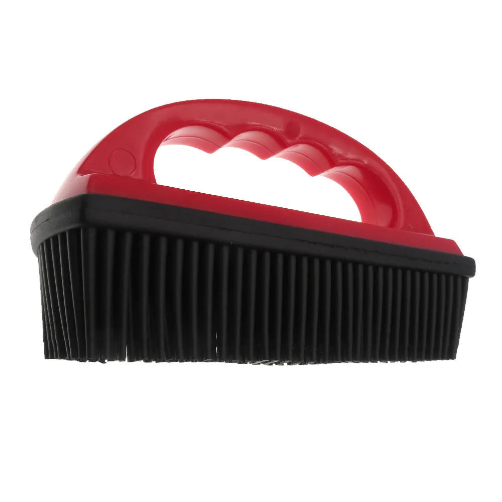 Red pet hair removal brush with massage function for dog and cat grooming during baths measuring 160x85mm