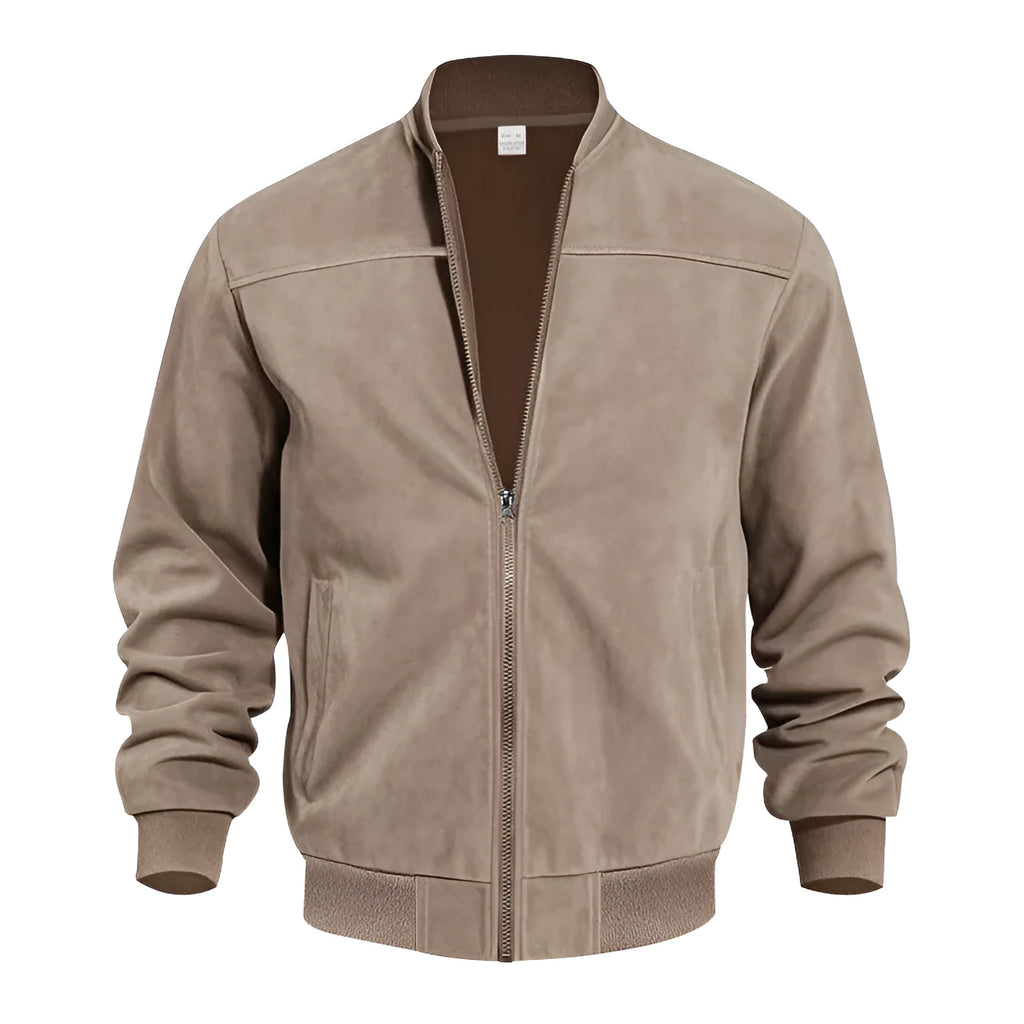 Men's plus size suede zipper jacket in Army Green, shown with regular sleeves and a casual fit.