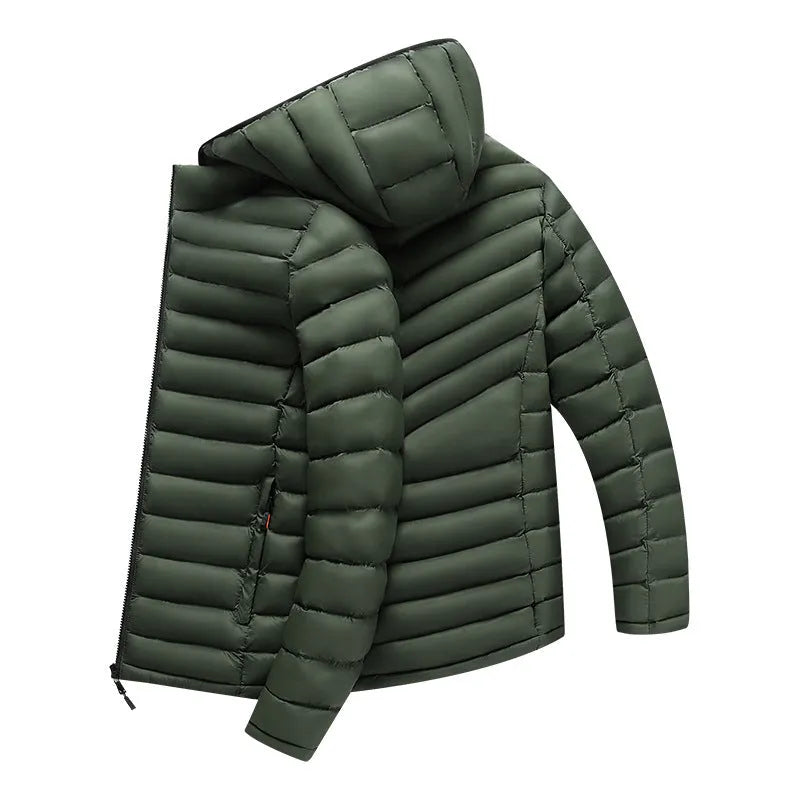 Men's lightweight down jacket with detachable hood in black, army green or blue with zippered pockets