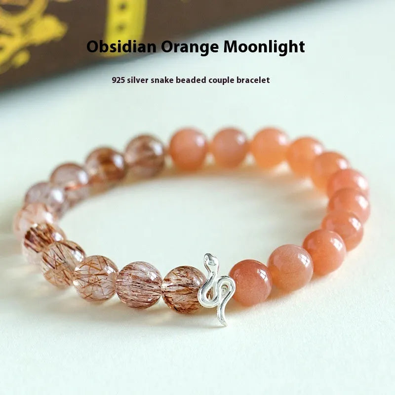 925 silver snake beaded bracelet with black hair crystal stone accents on white background
