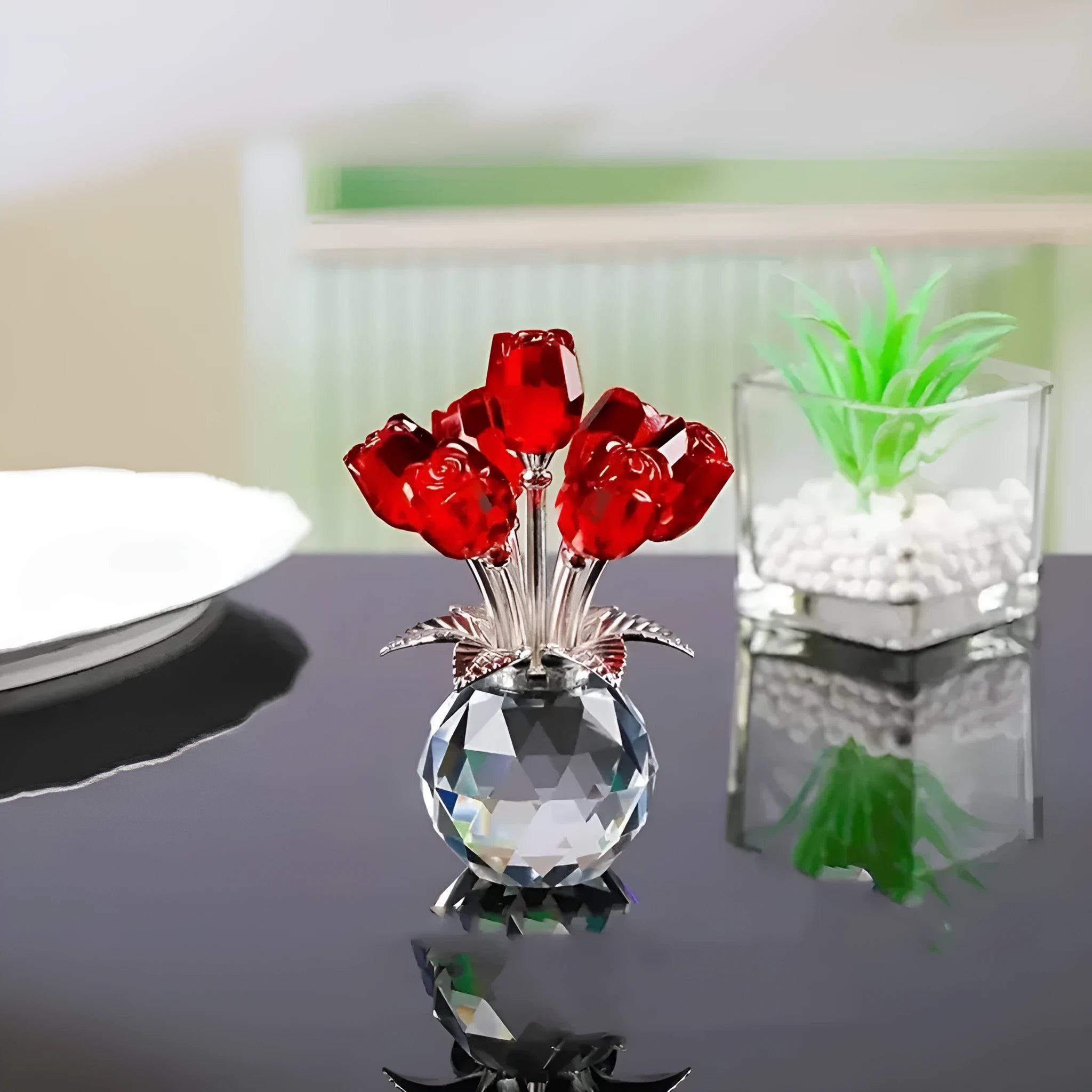 Crystal rose glass decoration in geometric Chinese style with colourful crystal appearance