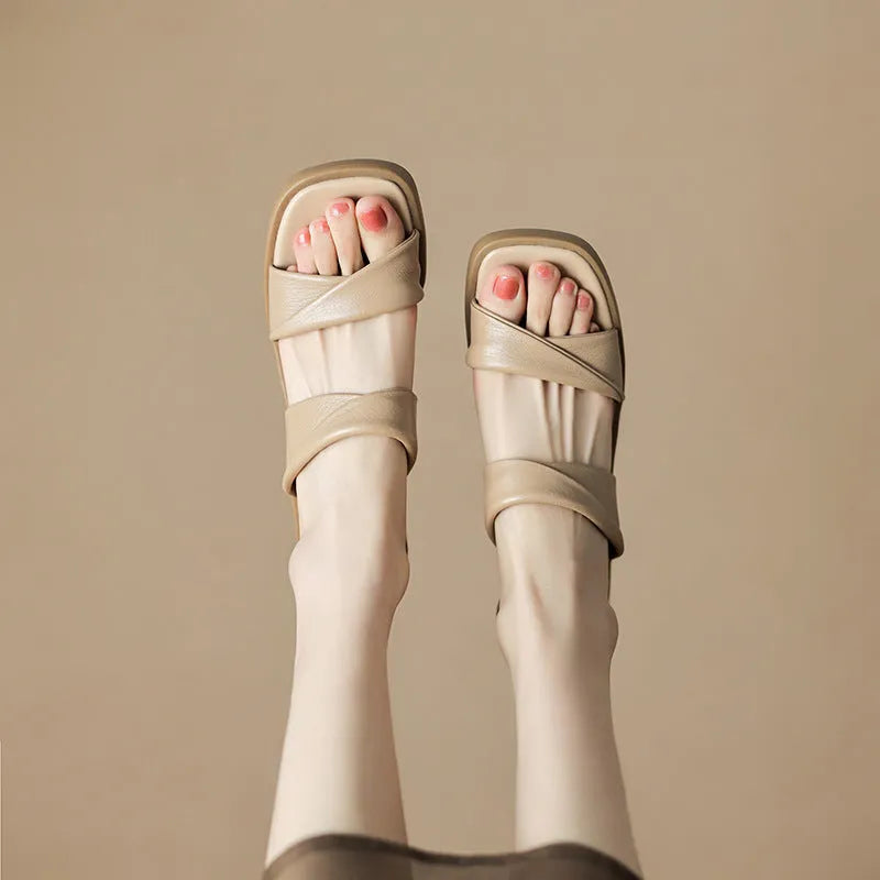 Women's French-style square toe slippers with microfiber upper and rubber sole in nude colour