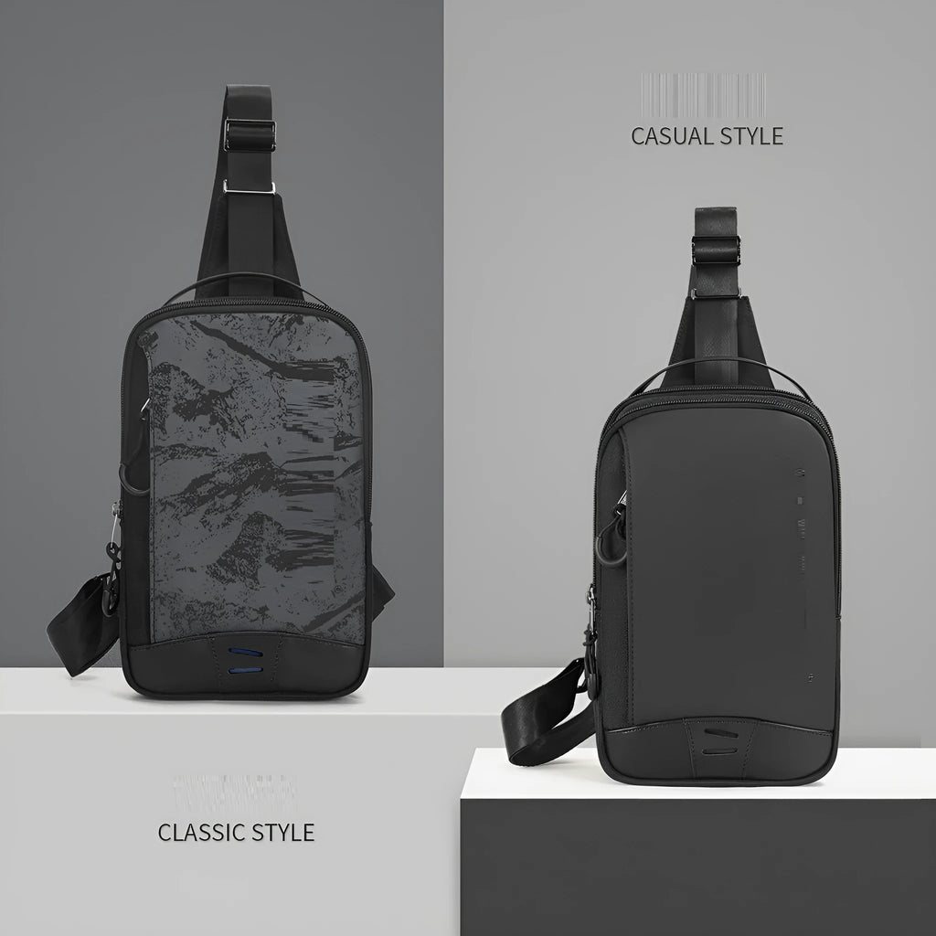Casual black TPU chest bag with square vertical shape, single shoulder strap, and landscape pattern design