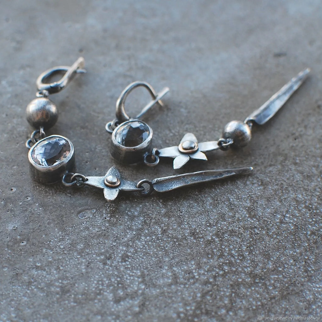 Geometric antique silver earrings with long rhinestone XINGX pendant drop design