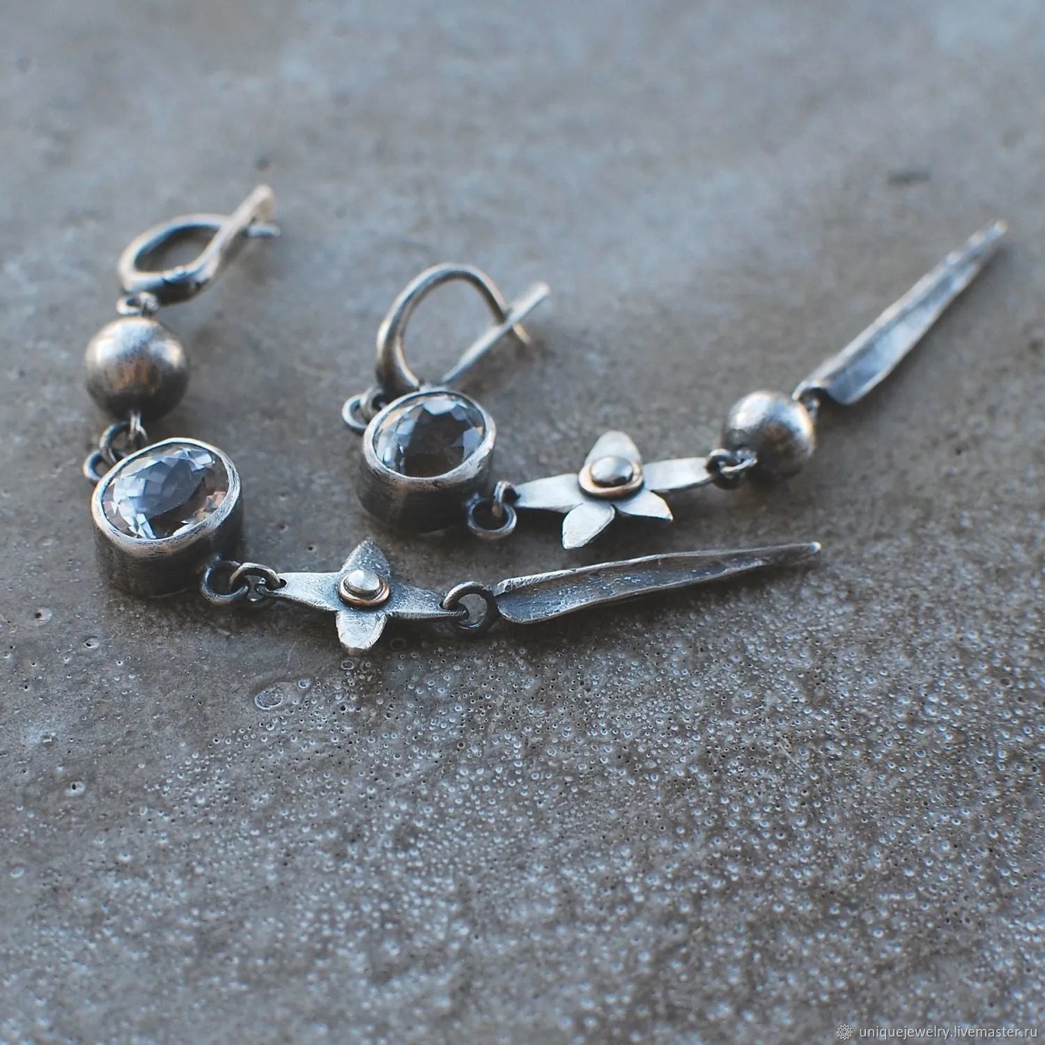 Geometric antique silver earrings with long rhinestone XINGX pendant drop design
