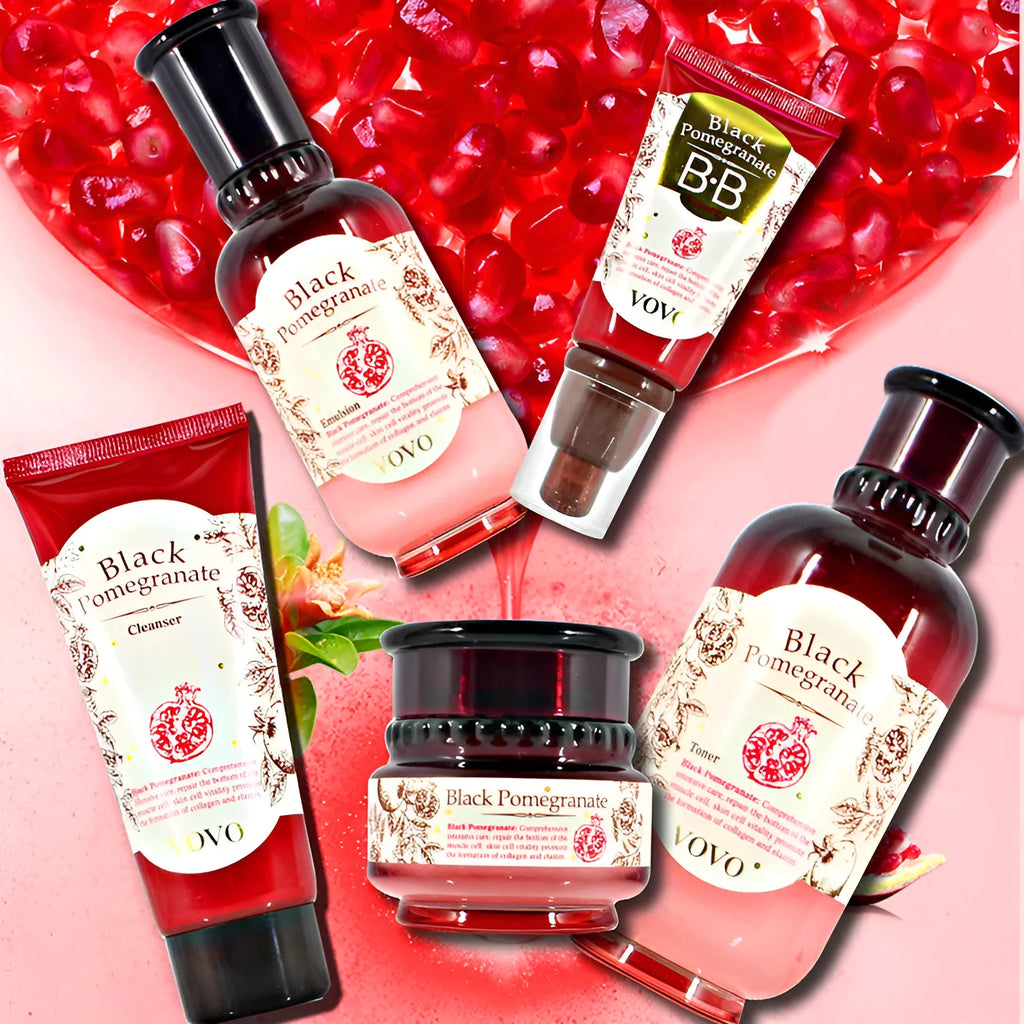 Pomegranate skincare set with six products including cleanser, water, milk, cream, essence and eye cream