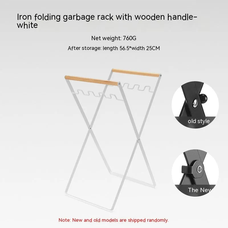 Outdoor iron garbage storage hanger with wooden handle in folded position