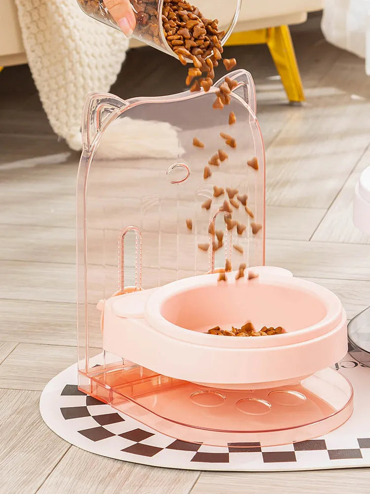 Grey cat feeding bowl with anti-spill neck guard, adjustable height, and removable cage attachment