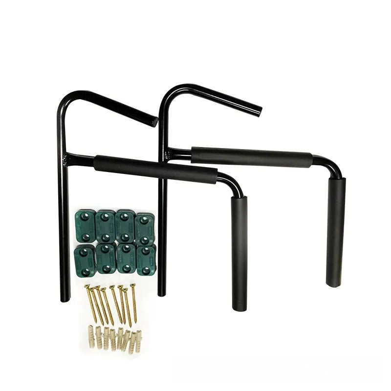 Carbon steel kayak wall hanger with foam-lined hooks mounted on a wall, showing dimensions of 43 by 38 cm.