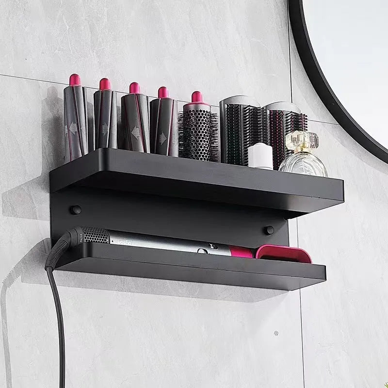 White double layer punch-free bathroom storage rack holding Marcel wavers and hair curlers