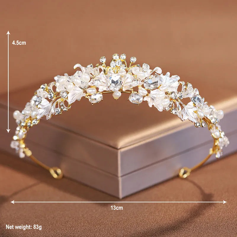 Alloy pearl crown headdress with electroplated gold finish and European styling