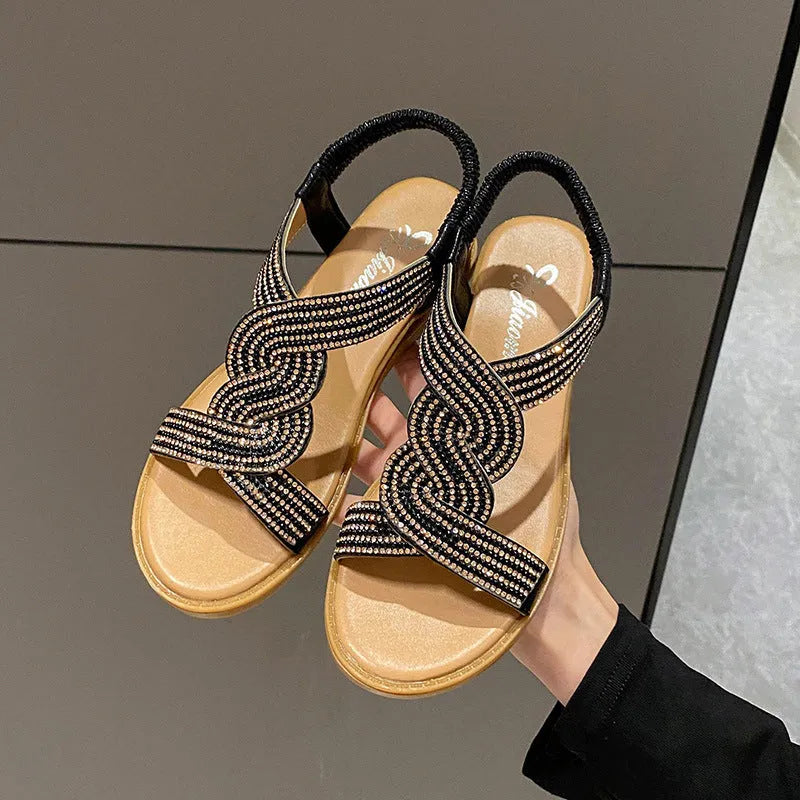 Women's Roman sandals with rhinestones, fish mouth toe, black colour, side view
