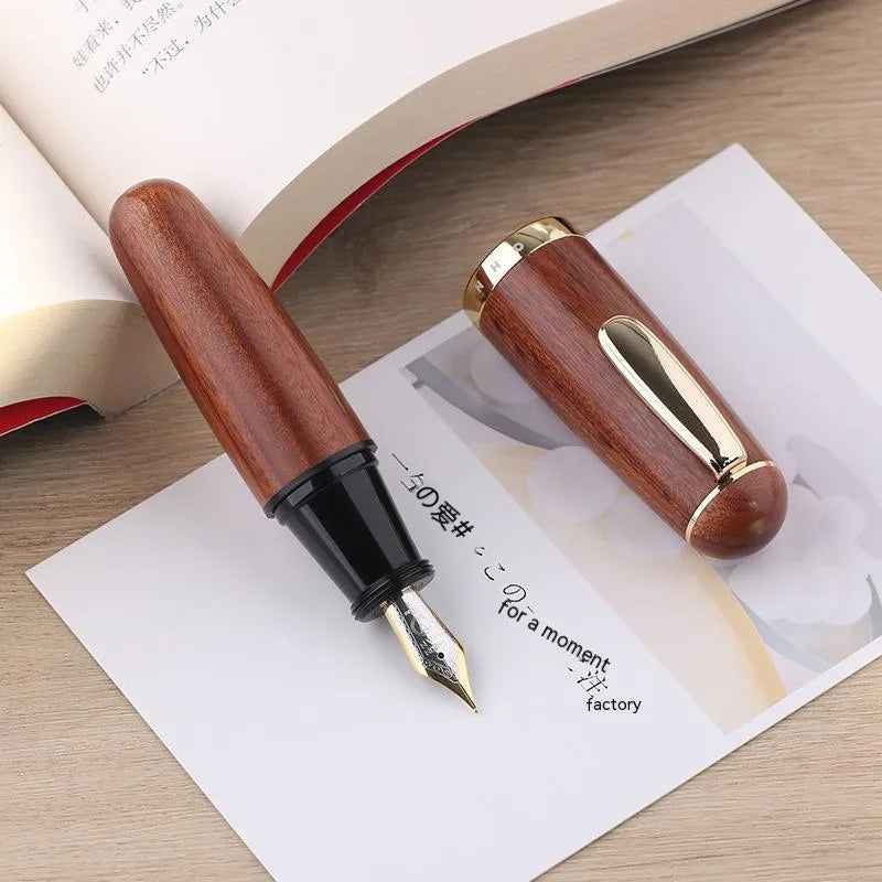 Short chubby solid wood ink pen with fine tip in Ebony Rosewood finish, gift box packaging