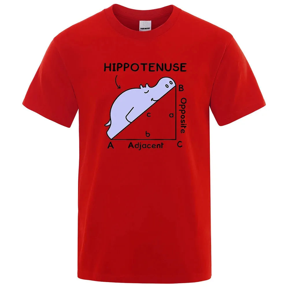 Funny Hippotenuse Opposite Adjacent mathematics graphic printed on a loose-fit cotton T-shirt.