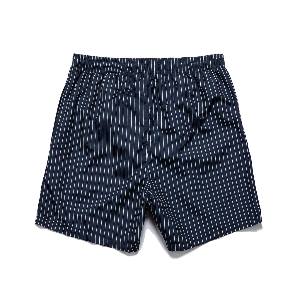 Striped triangle lining beach shorts in navy blue, grey, khaki and light blue colours with straight leg opening
