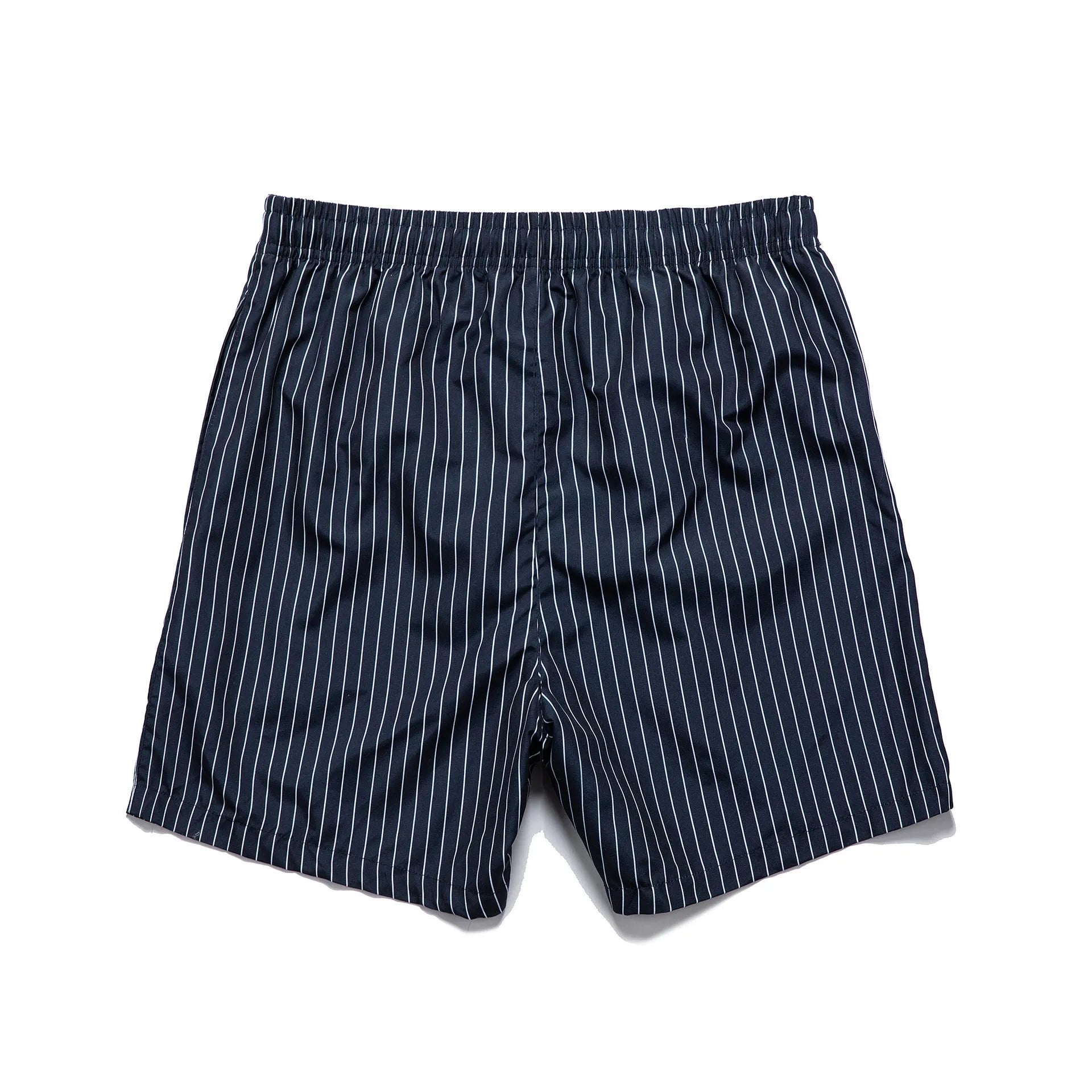Striped triangle lining beach shorts in navy blue, grey, khaki and light blue colours with straight leg opening
