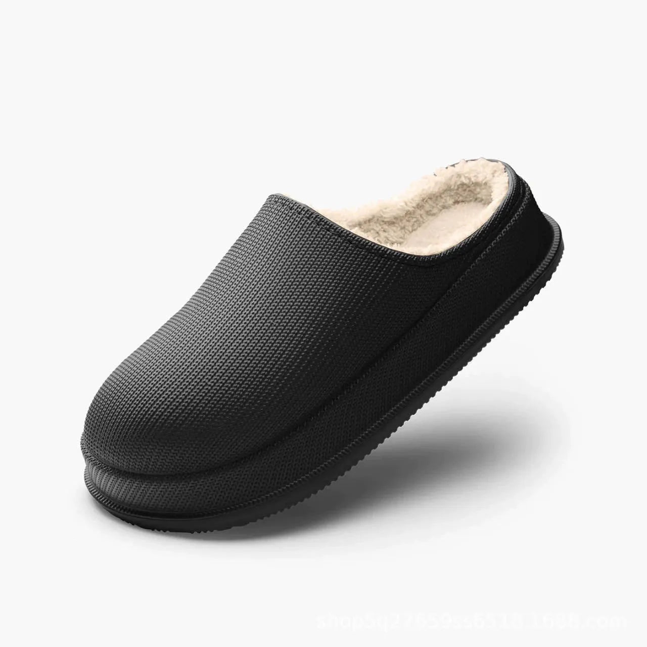 EVA waterproof warm slippers with toe cap and shock absorption in solid colour, side view showing mid heel and thick sole