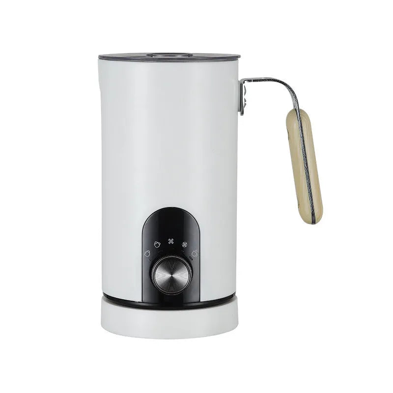 White stainless steel milk frother with knob control and 350ml capacity on a kitchen counter