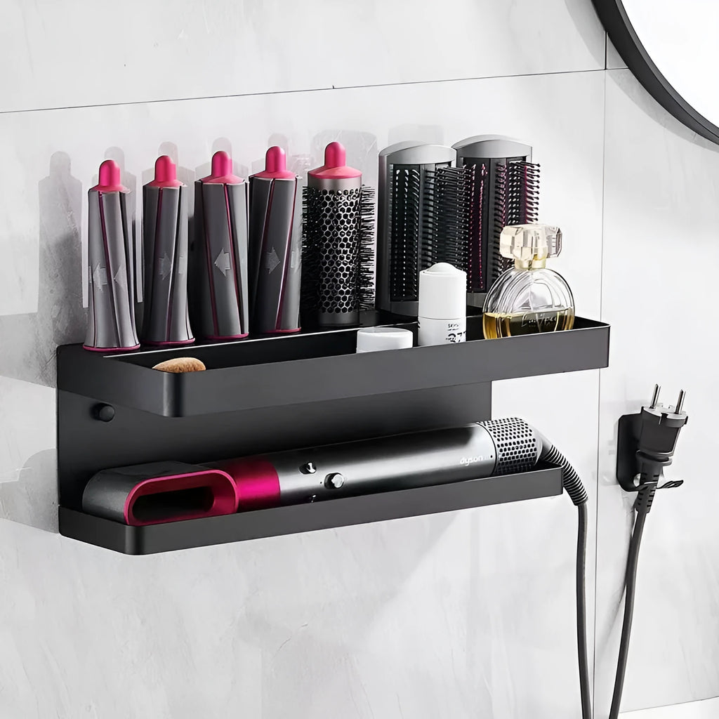 White double layer punch-free bathroom storage rack holding Marcel wavers and hair curlers