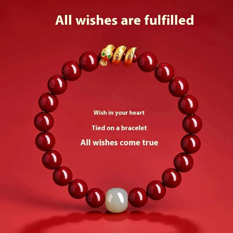 Handmade Chinese cinnabar Snake zodiac bracelet with roll snake beads in 6mm or 8mm sizes.