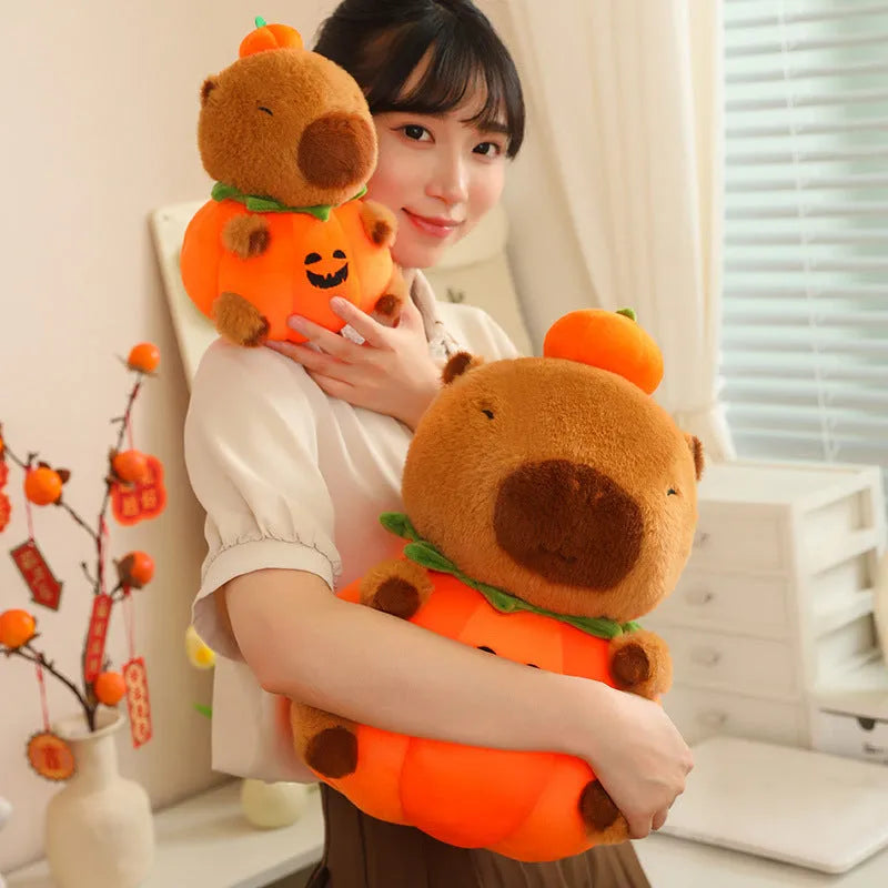 Cute Cappie Baran Melon capybara plush toy in pumpkin colour on a plain background