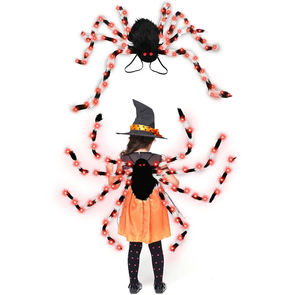 Halloween spider backpack with LED lights in plush sugar bag material showing colour variations